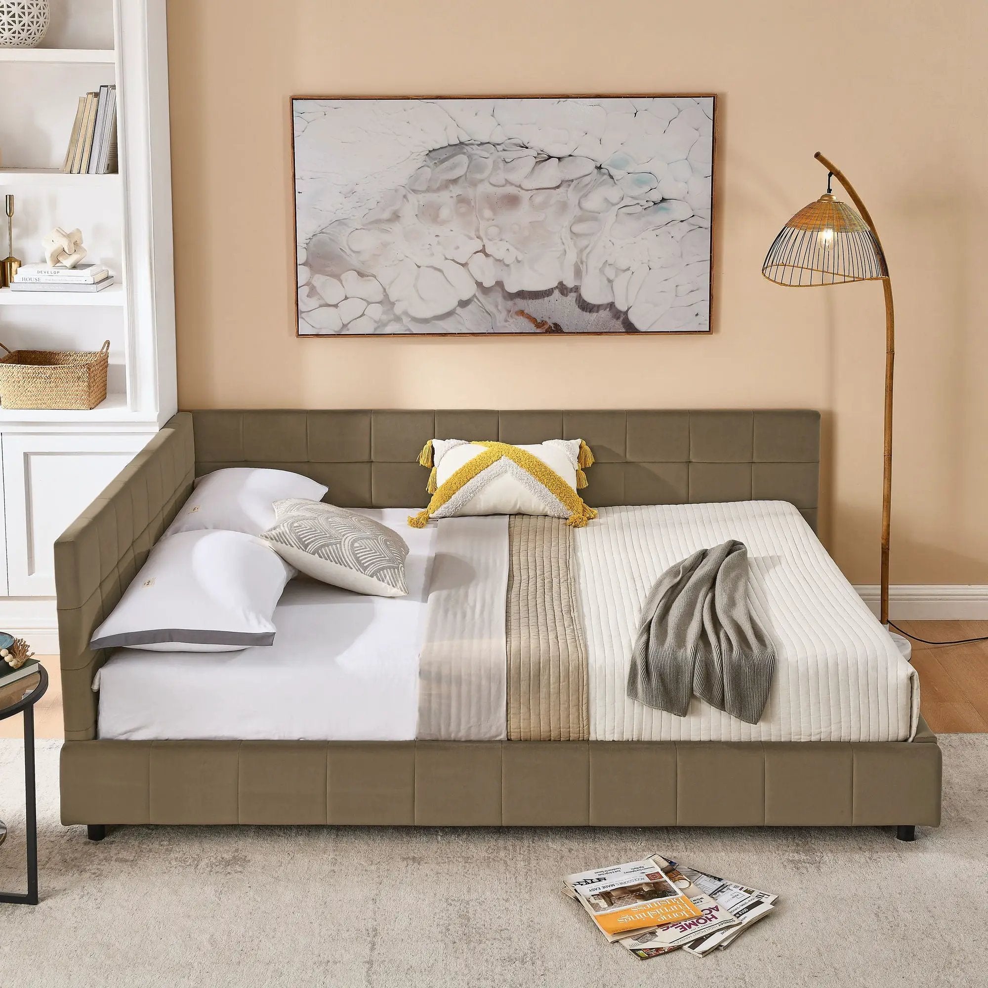 Mid-Century Storage Upholstered Tufted Bed Frame With Backrest And Armrests by Unique Piece Furniture