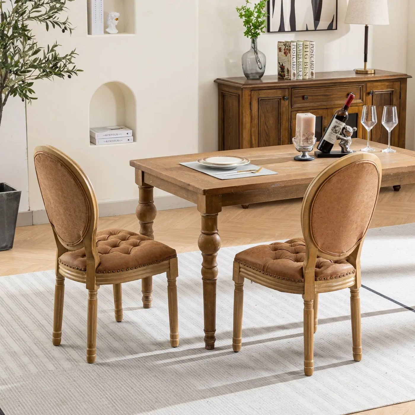 French Style Solid Wood Frame Antique Painting, Hand-Pulled Buckle Decoration Artificial Dining Chair With Nailhead Trim, Wood Legs by HouseOfZazla