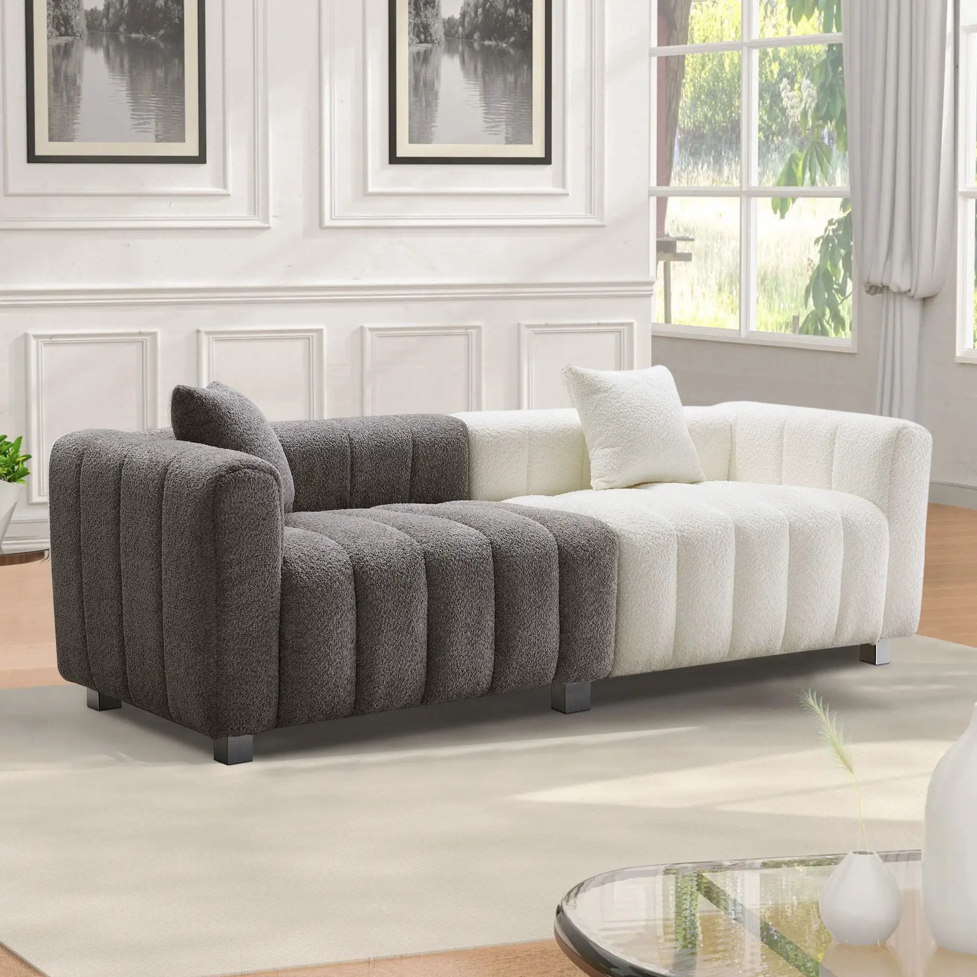 3 Seater Sofa With Metal Base Legs And 2 Pillows In +, 87.4" Premium Couch For Living Room - White / Gray by HouseOfZazla