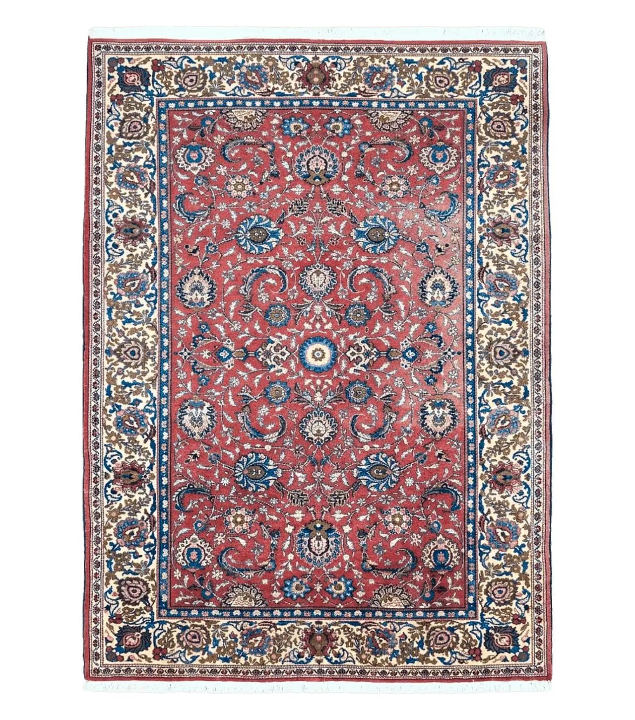 Semi Antique Persian Kashan Rug, Red & Beige, Hand-Knotted, Wool, 4'7" x 6' 6", Pair B by Jewel Rugs