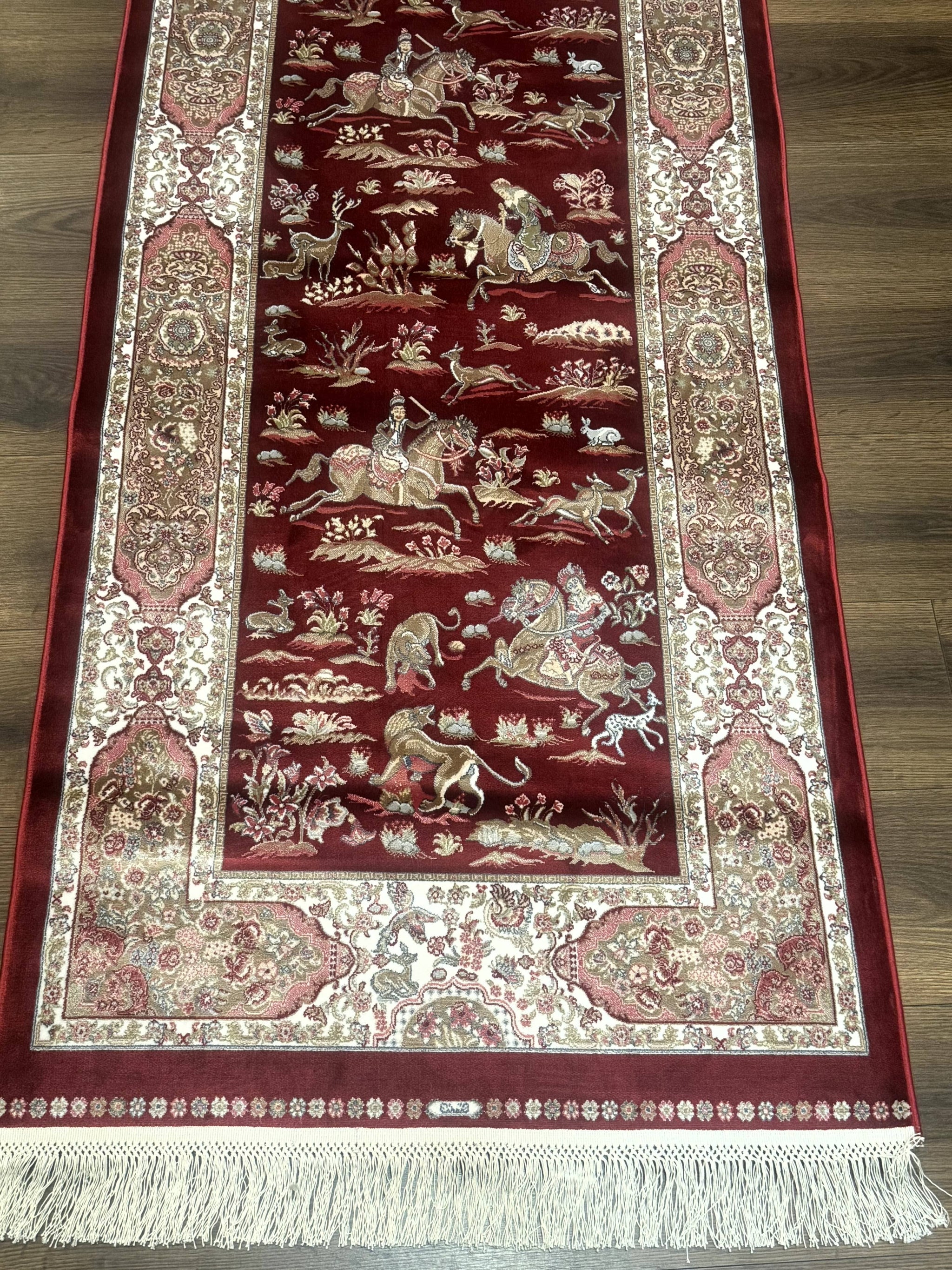 Turkish Silk Rug 2.6 x 6.7, Hunting Design, Short Runner Rug, Red & Ivory, Bamboo Silk, New by Jewel Rugs