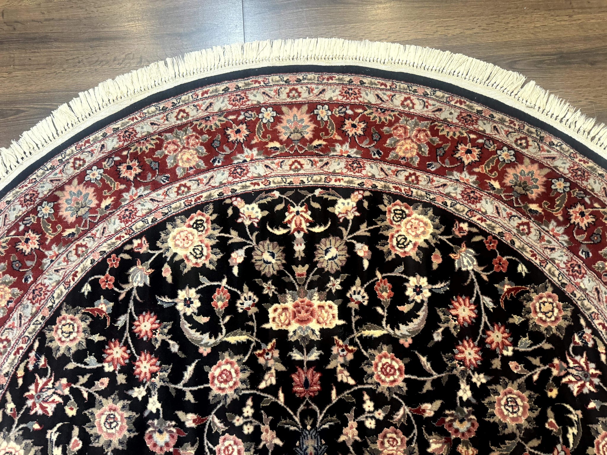 Round Sino Persian Rug 6x6, Floral, Navy Blue and Red, Wool and Silk Highlights by Jewel Rugs