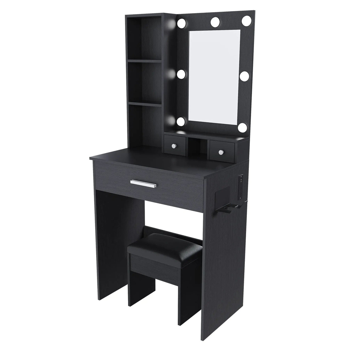 Vanity Table With Mirror, Adjustable LED Lights, Power Outlet, Hairdryer Holder & Stool by Unique Piece Furniture