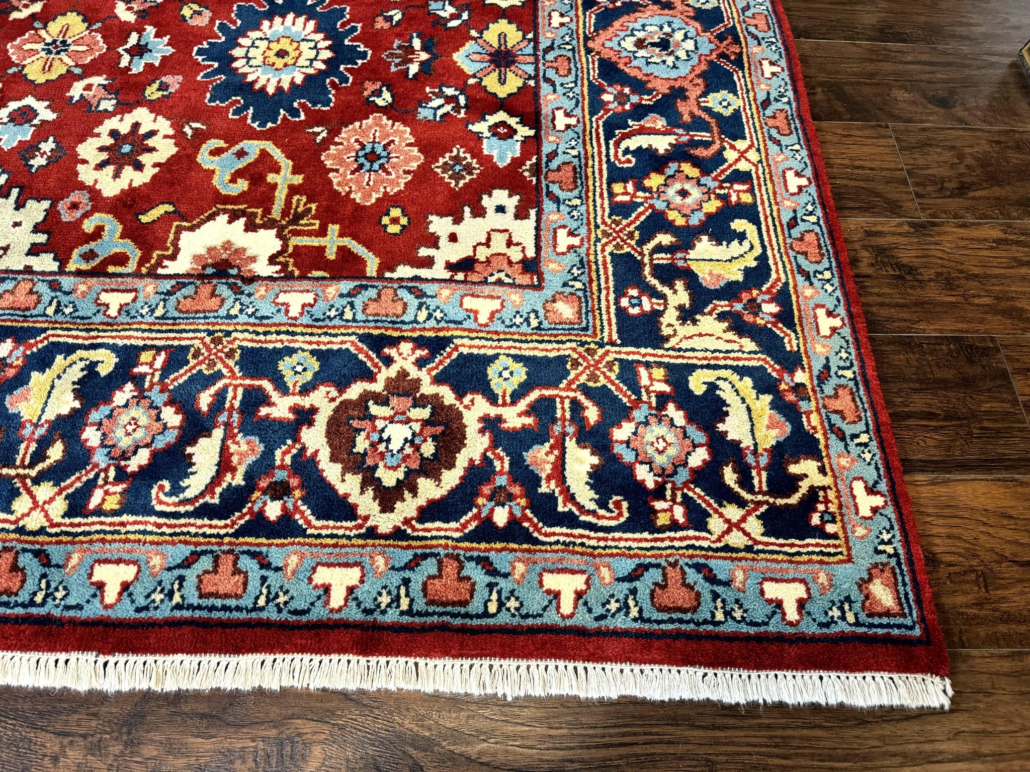 Indo Heriz Rug 8x10, Red and Navy Blue, Allover Pattern, Wool Handmade Carpet by Jewel Rugs