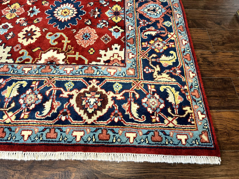 Indo Heriz Rug 8x10, Red and Navy Blue, Allover Pattern, Wool Handmade Carpet by Jewel Rugs