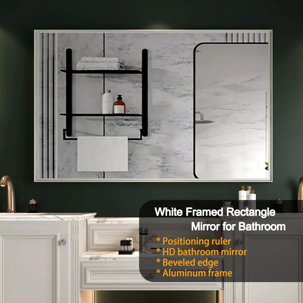 Rectangular Wall-Mounted Beveled Bathroom Mirror, Square Angle Metal Frame Wall Mounted Bathroom Mirrors For Wall (Horizontal & Vertical) - Glossy White by Unique Piece Furniture