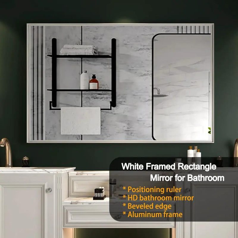 Rectangular Wall-Mounted Beveled Bathroom Mirror, Square Angle Metal Frame Wall Mounted Bathroom Mirrors For Wall (Horizontal & Vertical) - Glossy White by HouseOfZazla