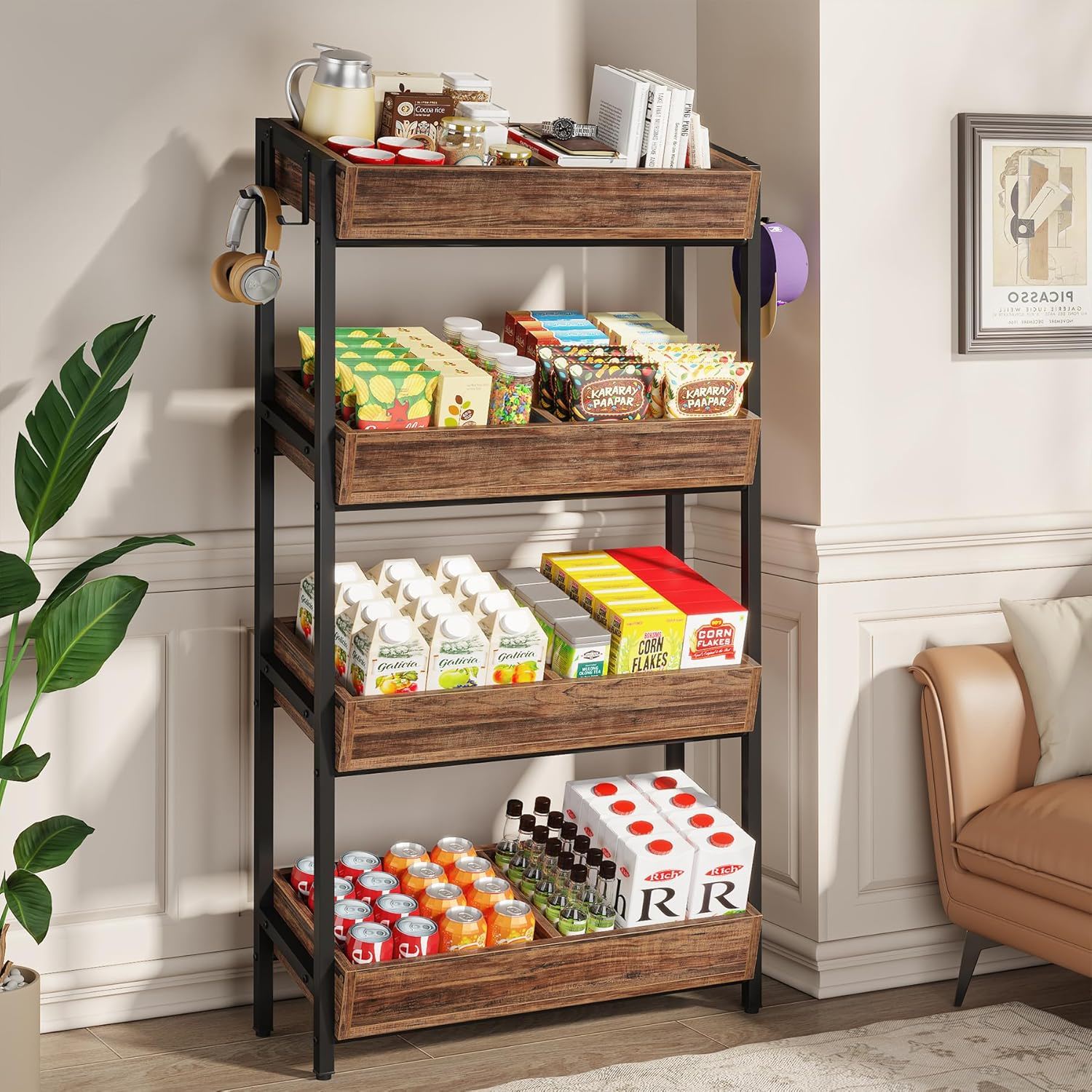 4 Tier Retail Display Rack With Hooks, Tall Metal Snack Stand With Shelves - Brown / Black by HouseOfZazla