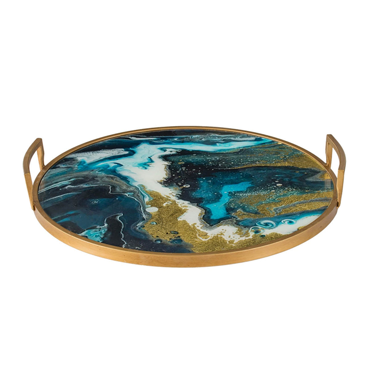 20.9x20.1x3.1" Round Accent Mirrored Tray with Handles by HouseOfZazla