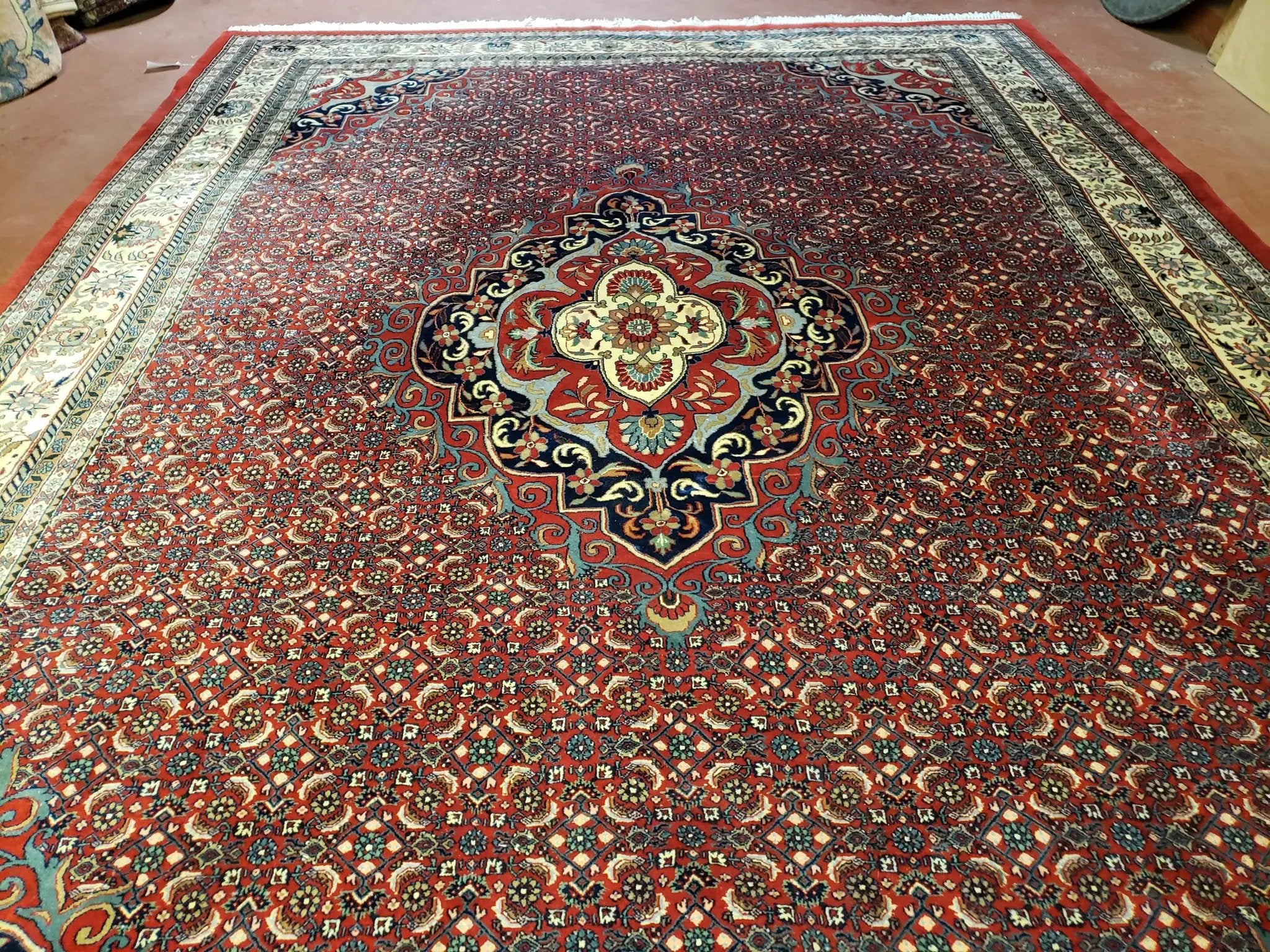 Indian Rug 9x12 Red Indo Bidjar Rug 9x12 Vintage Rug Allover Pattern Medallion Rug Wool Rug Nice Persian Design by Jewel Rugs