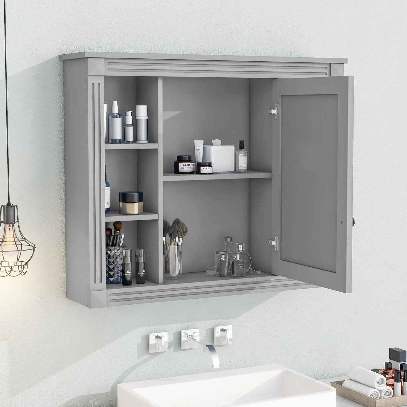 Wall Mounted Bathroom Storage Cabinet With Mirror, Cabinet With 6 Open Shelves And Adjustable Interior by Unique Piece Furniture
