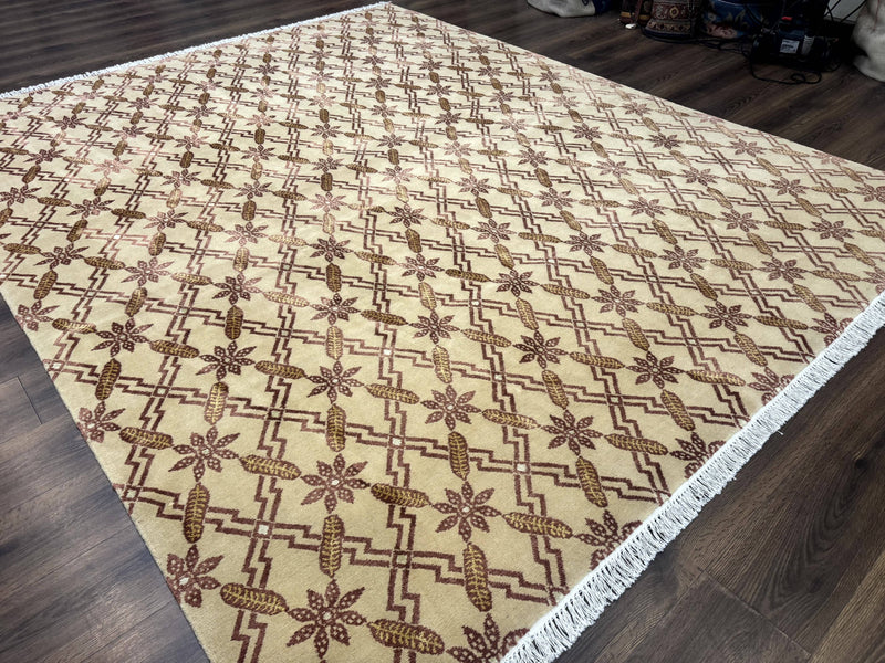 Tibetan Rug 8x10, Wool with Silk Highlights, Beige and Maroon, Contemporary Carpet by Jewel Rugs