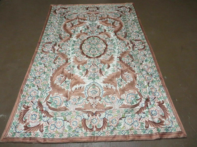 4' X 6' Vintage Embroidery Hand Stitched Rug Silk On Cotton India Backing Nice by Jewel Rugs