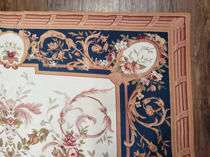 Chinese Aubusson Savonnerie Area Rug 6x8, Vintage Hand-Woven Needlepoint Rug, Flat Weave Handmade Wool Carpet Living Room Ivory & Navy Blue by Jewel Rugs