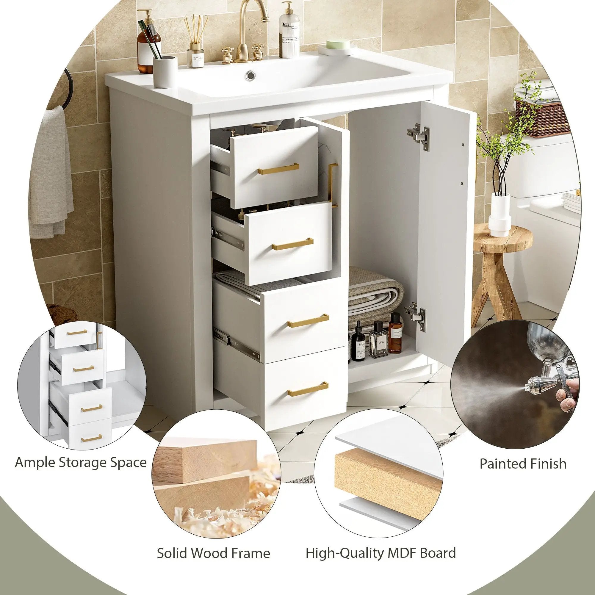 Ceramic Sink Combo, Freestanding Vanity Set With 3 Drawers & Soft Closing Doors by HouseOfZazla