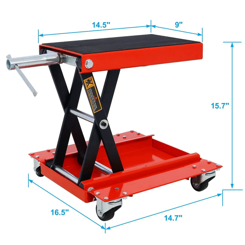 Heavy Duty Motorcycle Lift Jack With Dolly Tray And Wide Deck - Red by HouseOfZazla