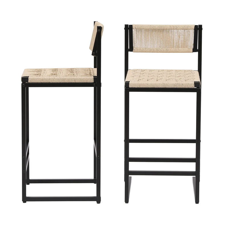 Style B, Woven Bar Stools With Backrest, Paper Rope Weave Dining Chairs For Kitchen Island - Creamy White by HouseOfZazla