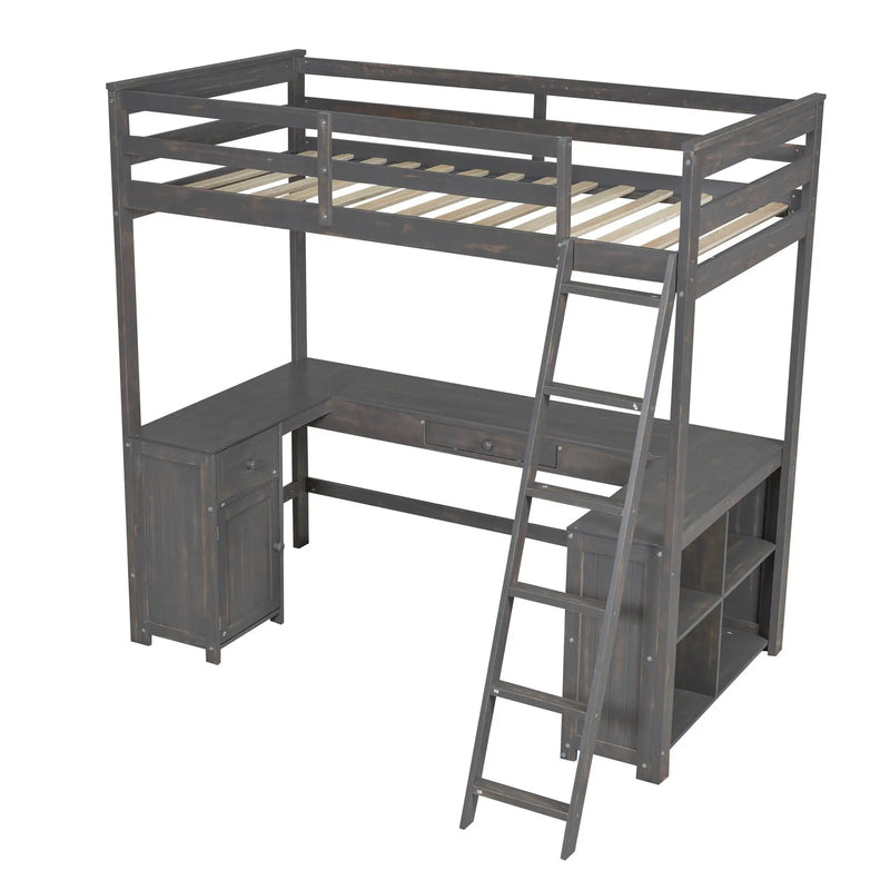 Loft Bed With U-Shaped Desk, Drawers, And Storage Shelves