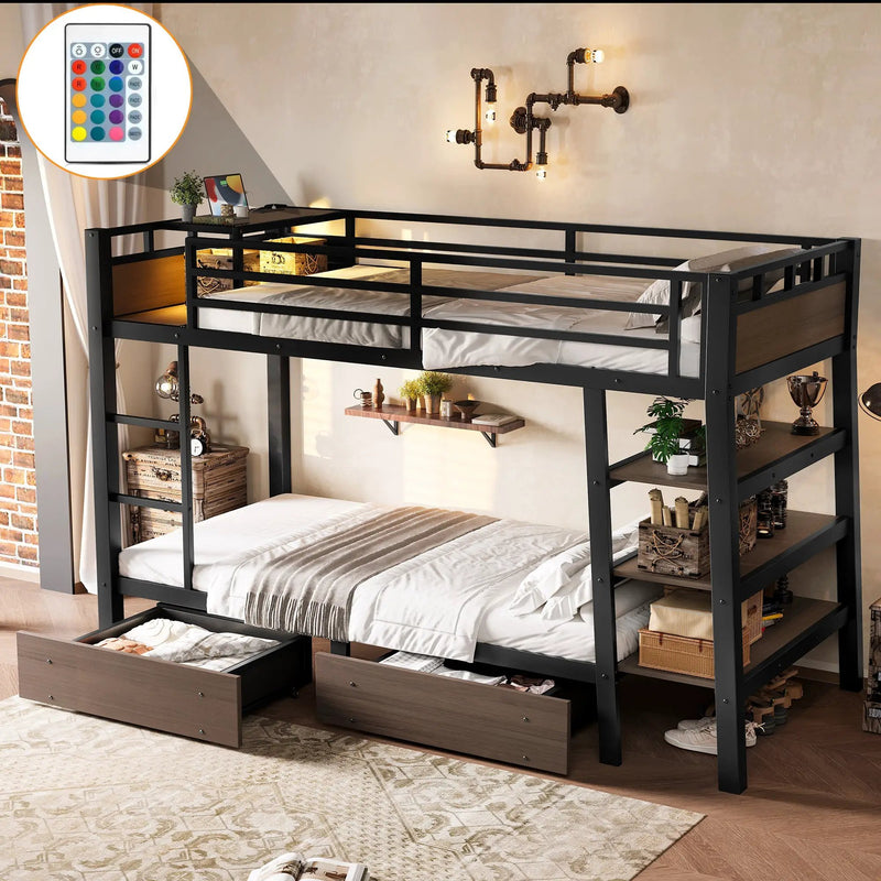 Twin Size Metal Bunk Bed with Storage Shelves, LED Light Strip, and USB Power Strip by HouseOfZazla