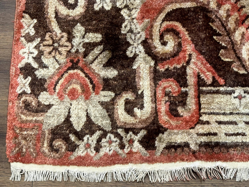Khotan Rug 5x9, Terracotta and Brown, Floral, Chinese Wool Carpet, Antique Rug by Jewel Rugs