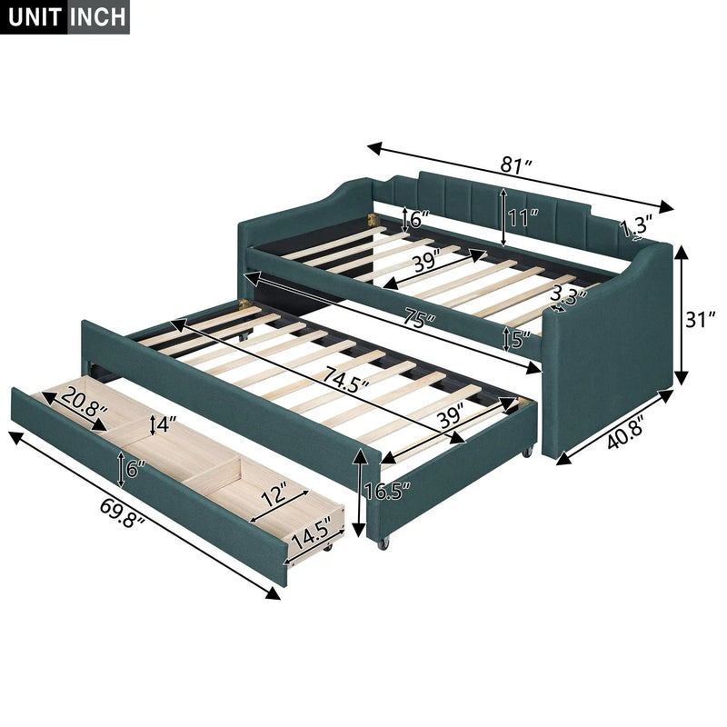 Upholstered Simple Design Daybed With Trundle And 3 Drawers