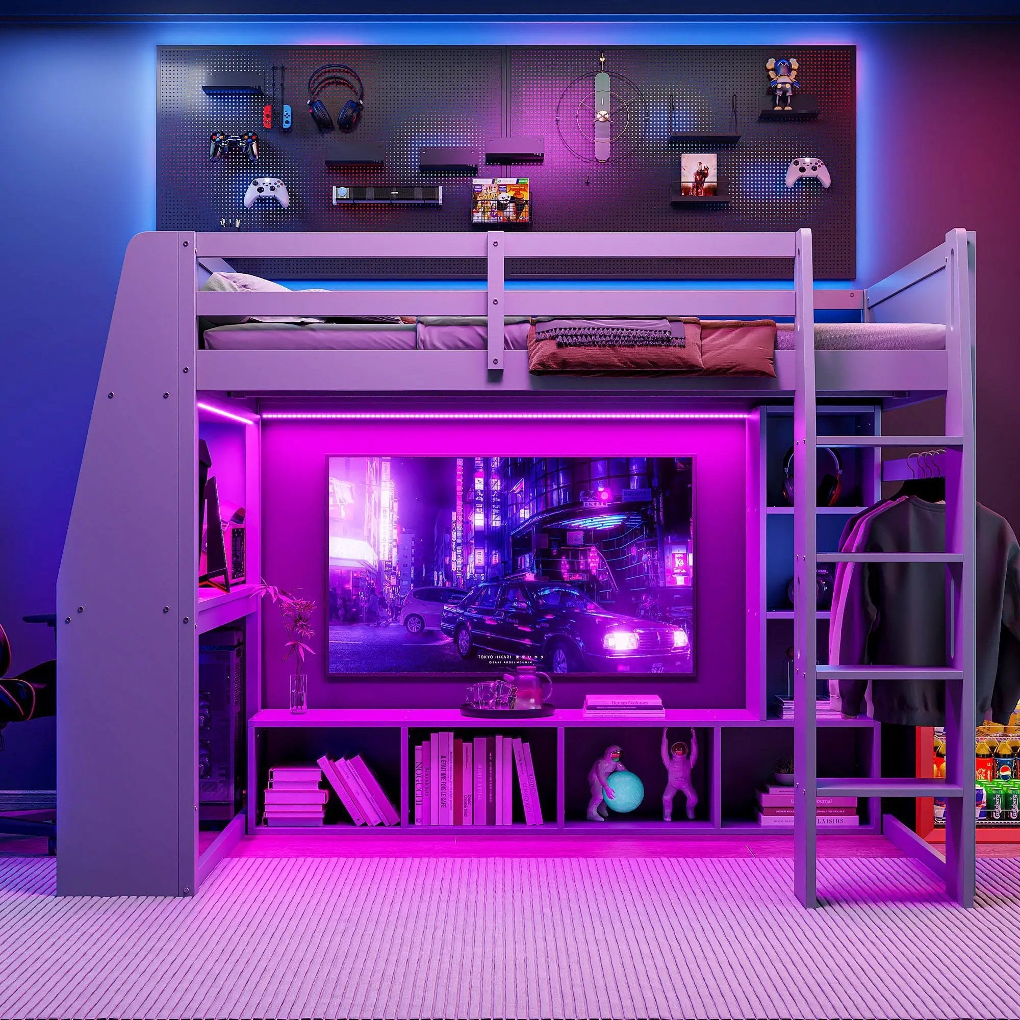 Gaming Loft Bed With Desk, Multi Storage Shelves, LED Lighting, And Hanging Clothes Rack by Unique Piece Furniture