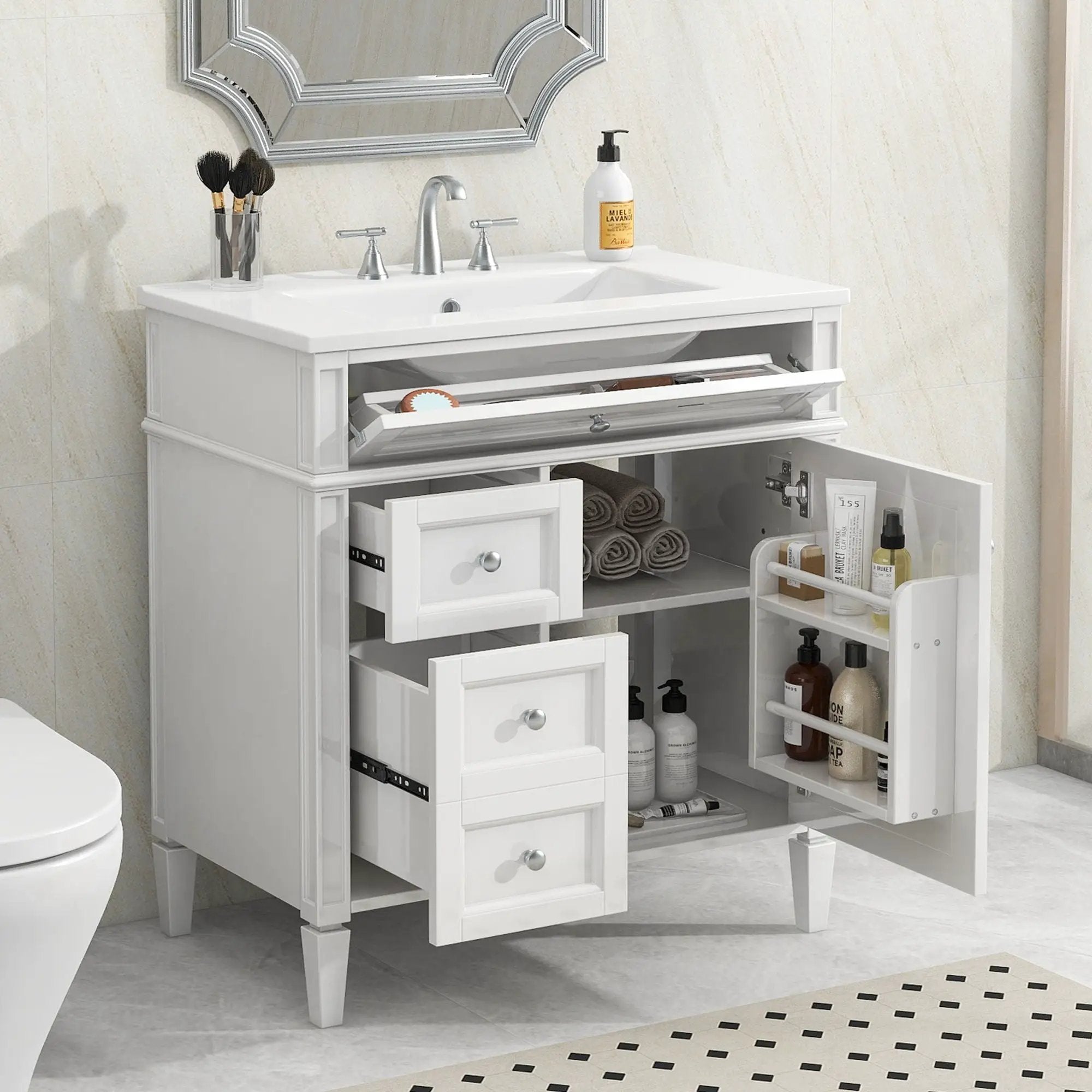 Bathroom Vanity With Top Sink, Modern Bathroom Storage Cabinet With 2 Drawers And A Tip-Out Drawer by Unique Piece Furniture