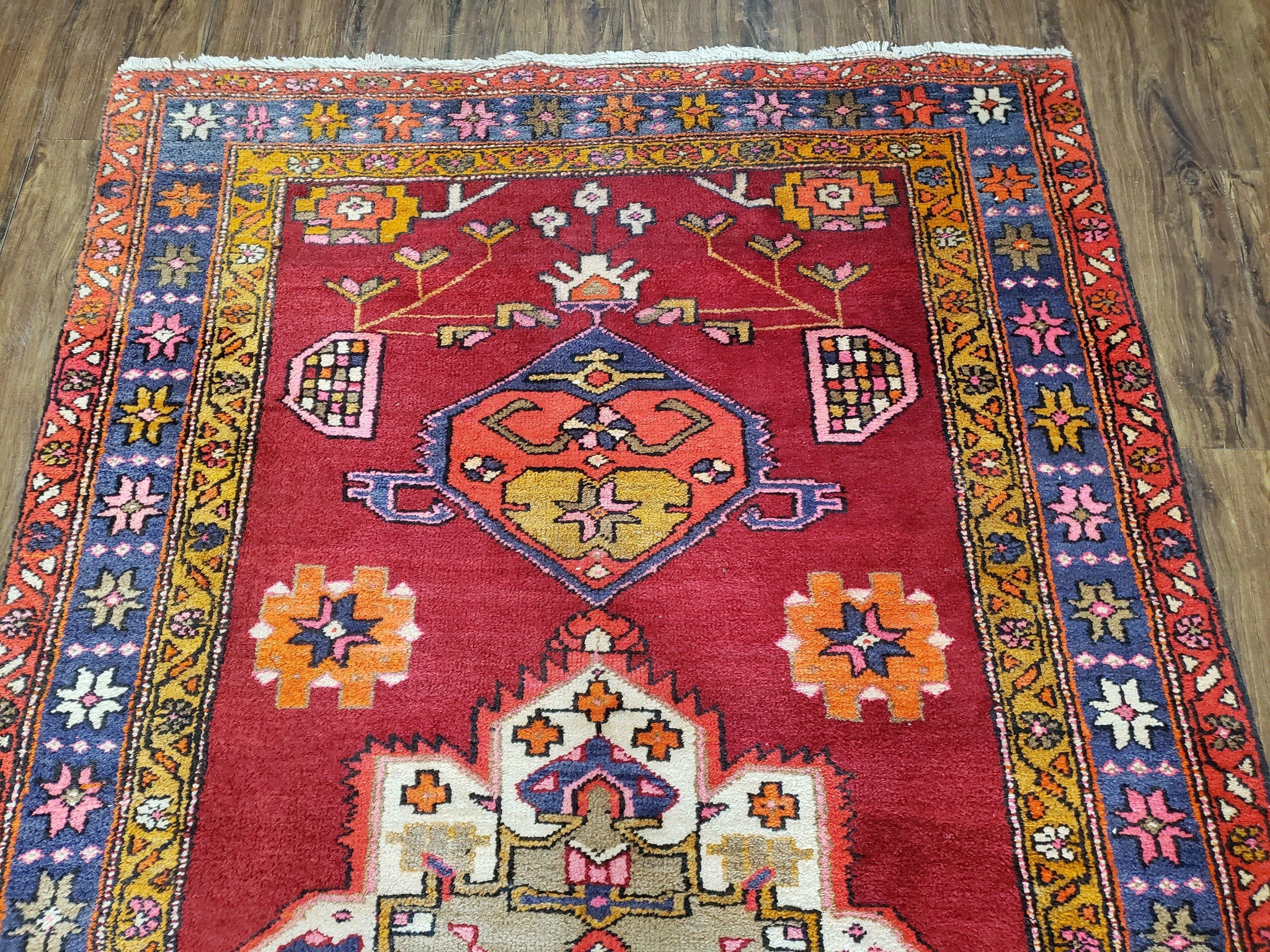 Antique Persian Karajeh Runner Rug 4.4 x 11 ft, Red Colorful Geometric Medallion Runner by Jewel Rugs