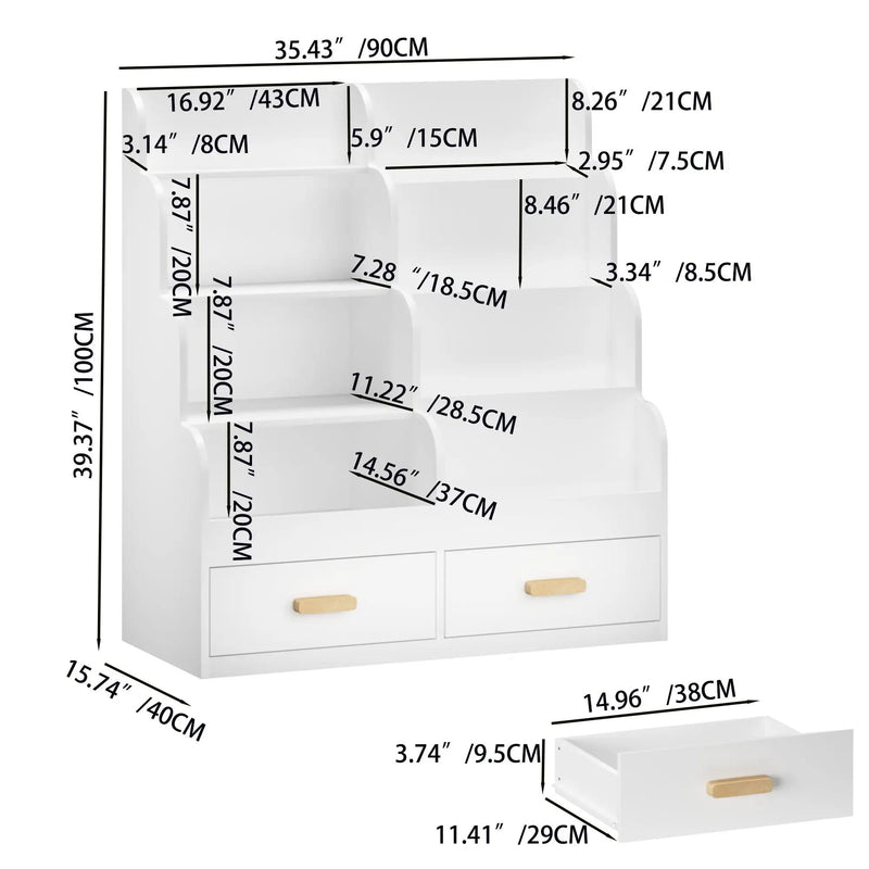Bookshelf With 2 Storage Drawers, Front Facing Bookcase And Toy Organizer, Multi Tier Reading Shelf - White by Unique Piece Furniture