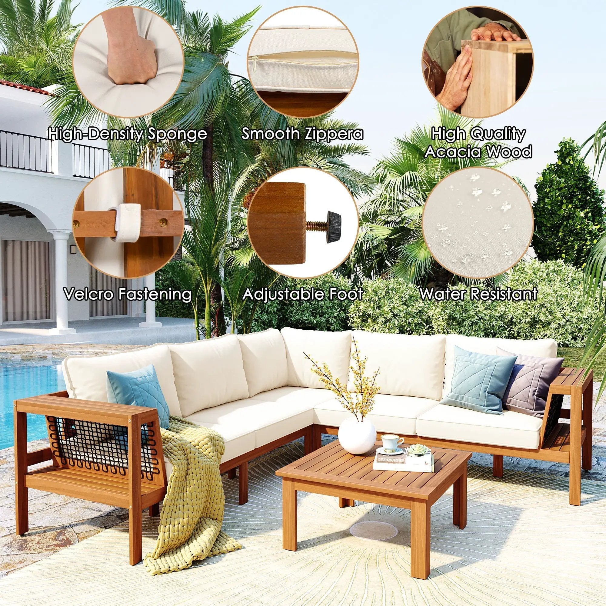 GO 4 Pieces Outdoor Acacia Wood Sofa Set with Coffee Table by HouseOfZazla