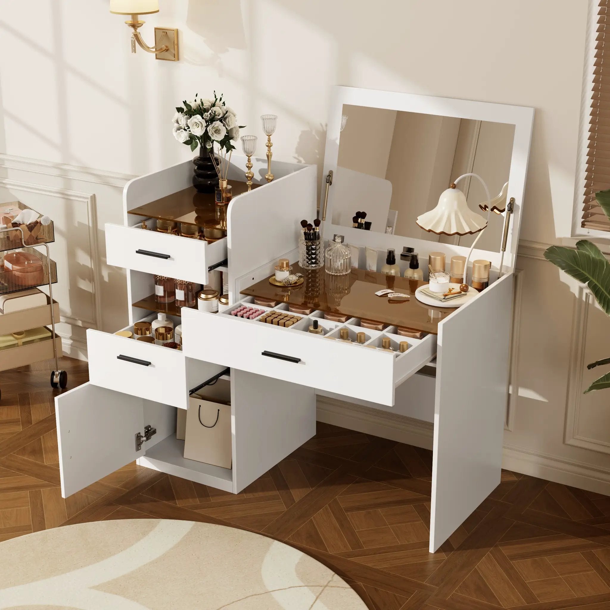 3-in-1 Vanity Desk with Flip Top Mirror, Glass Top Compact Makeup Vanity & Hidden Storage by HouseOfZazla