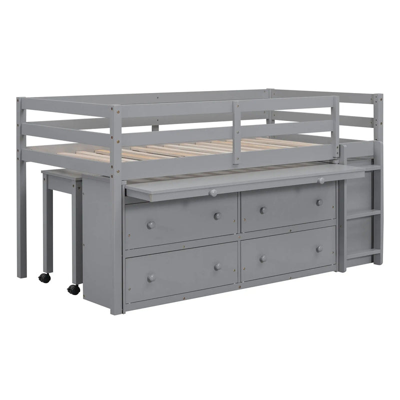 Loft Bed With Retractable Writing Desk And 4 Drawers, With Lateral Portable Desk And Shelves by HouseOfZazla