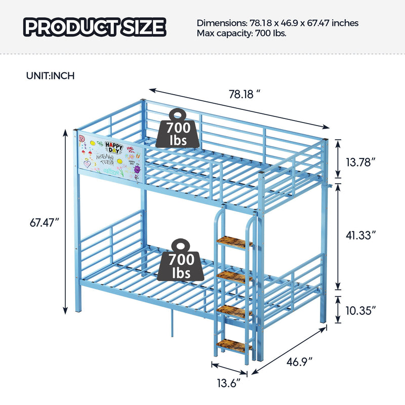 Bunk Bed, Convertible To 2 Separate Twin Size Beds & Full Length Guardrail & Ladder, No Box Spring Needed - Blue by HouseOfZazla