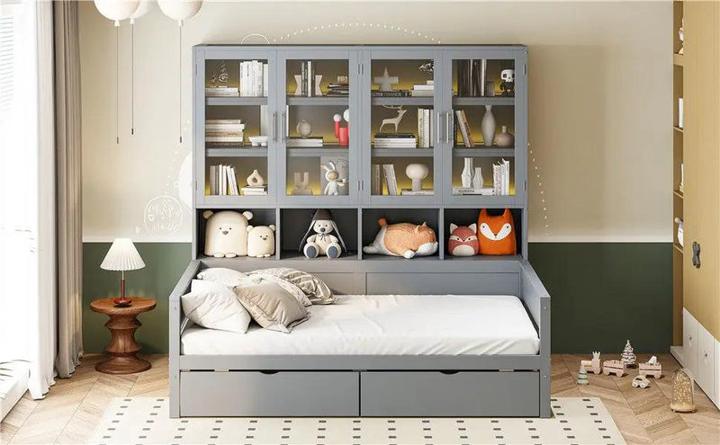 Daybed With Glass Door Storage Cabinets, Built In LED Lighting And Shelves by HouseOfZazla
