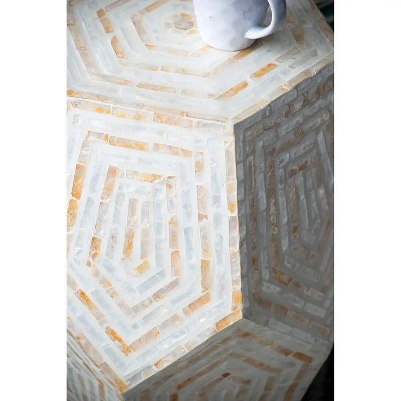 18x18x21 Hexagonal Capes Capiz Stool Cream/Yellow by HouseOfZazla