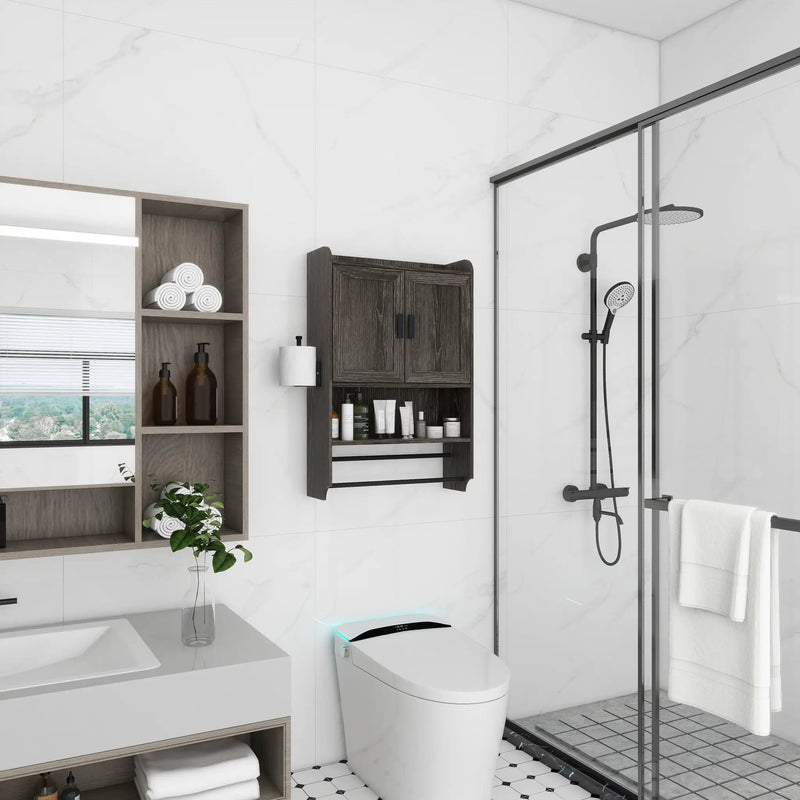 Bathroom Wall Cabinet with Doors, Adjustable Shelf, Towel Bar and Paper Holder by HouseOfZazla
