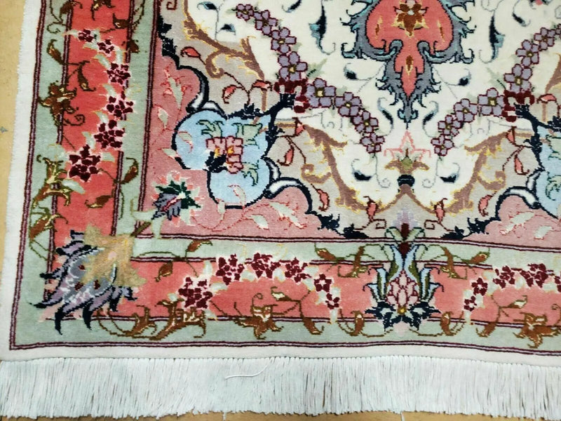 Small Vintage Persian Tabriz Wool and Silk Rug 2.5 x 4 ft, Very Finely Hand Knotted, Medallion, Ivory Salmon Light Blue, Top Quality, Pair A by Jewel Rugs