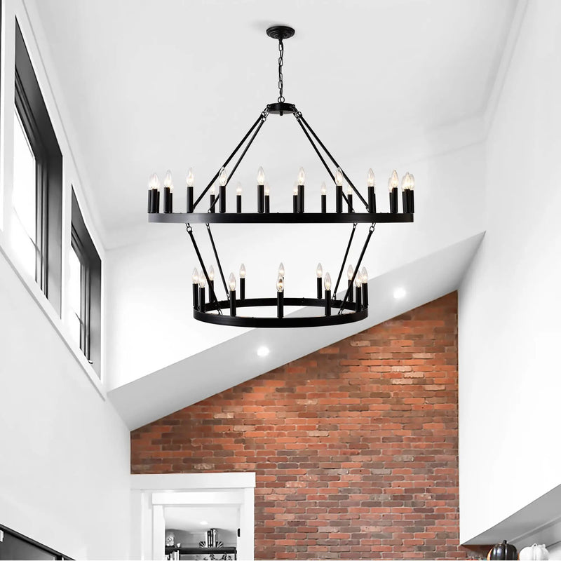 2 Tiers Wagon Wheel Chandelier Wooden Farmhouse 36 Light (24 / 12) Or (12 / 24) Metal Chandeliers 2 Story Light Fixtures Industrial For High Ceiling Living Dining Room Foyer, Adjustable Height - Black by HouseOfZazla