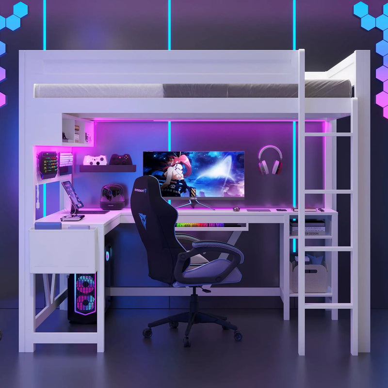 Gaming Loft Bed With Desk, Storage Shelves, LED And Charging Station by Unique Piece Furniture