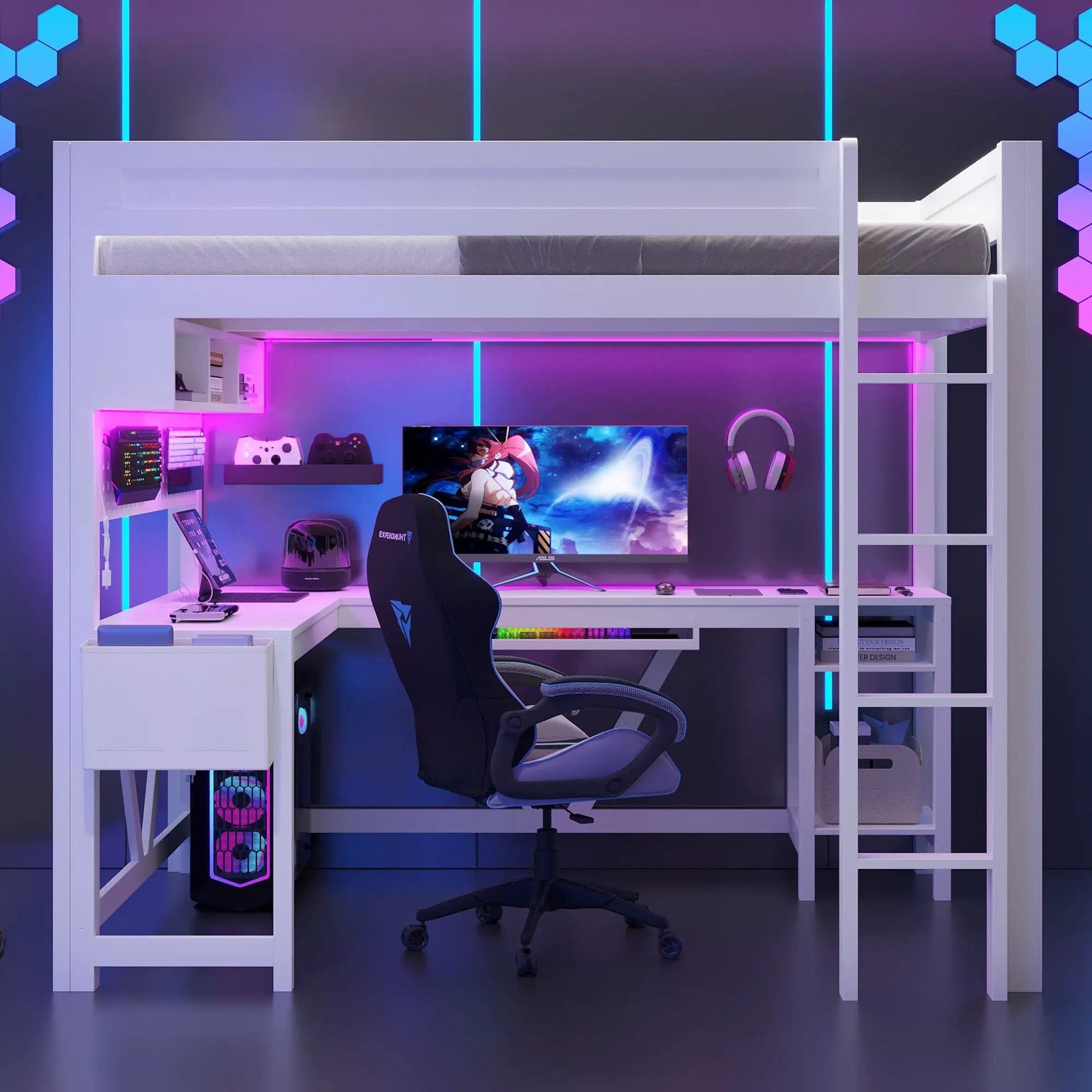 Gaming Loft Bed With Desk, Storage Shelves, LED And Charging Station by Unique Piece Furniture