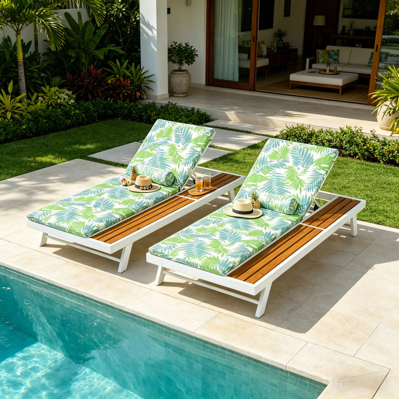 White Iron and Teak Finish Outdoor Chaise Lounge Set by HouseOfZazla