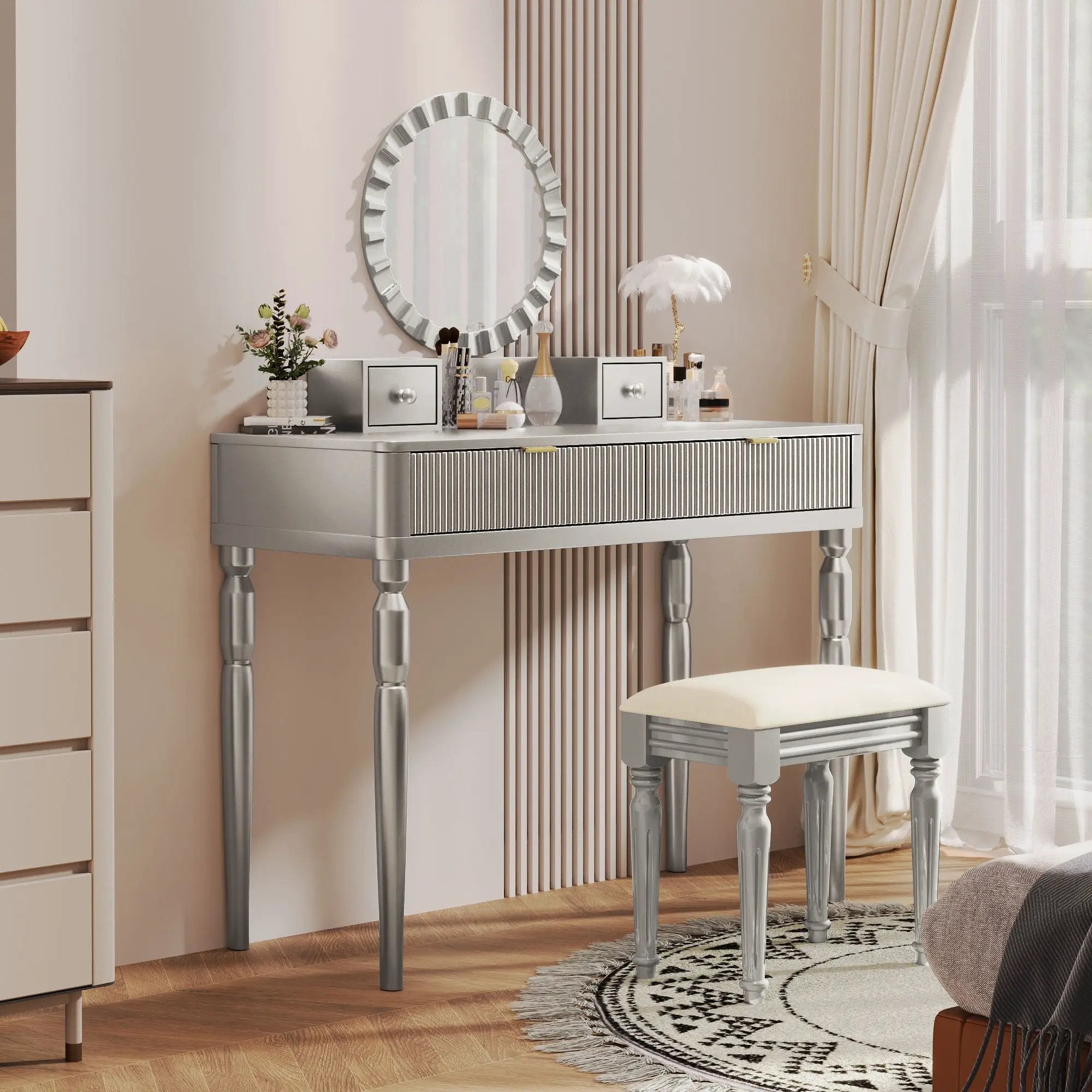 Luxury Vanity Desk With Round Mirror Height Adjustable Dressing Table Set Engineered Wood - Silver by Unique Piece Furniture