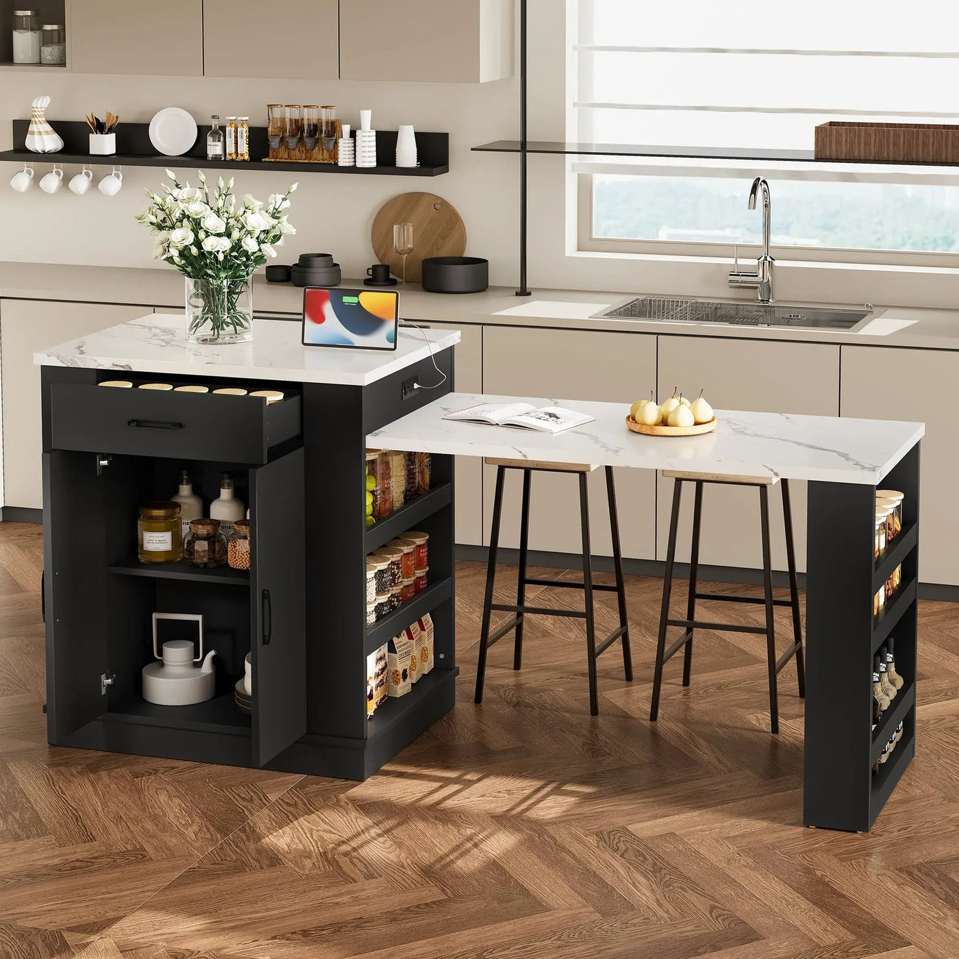 Extendable Island Console with Drawers, Double-Door Cabinet, and Open Shelving by HouseOfZazla