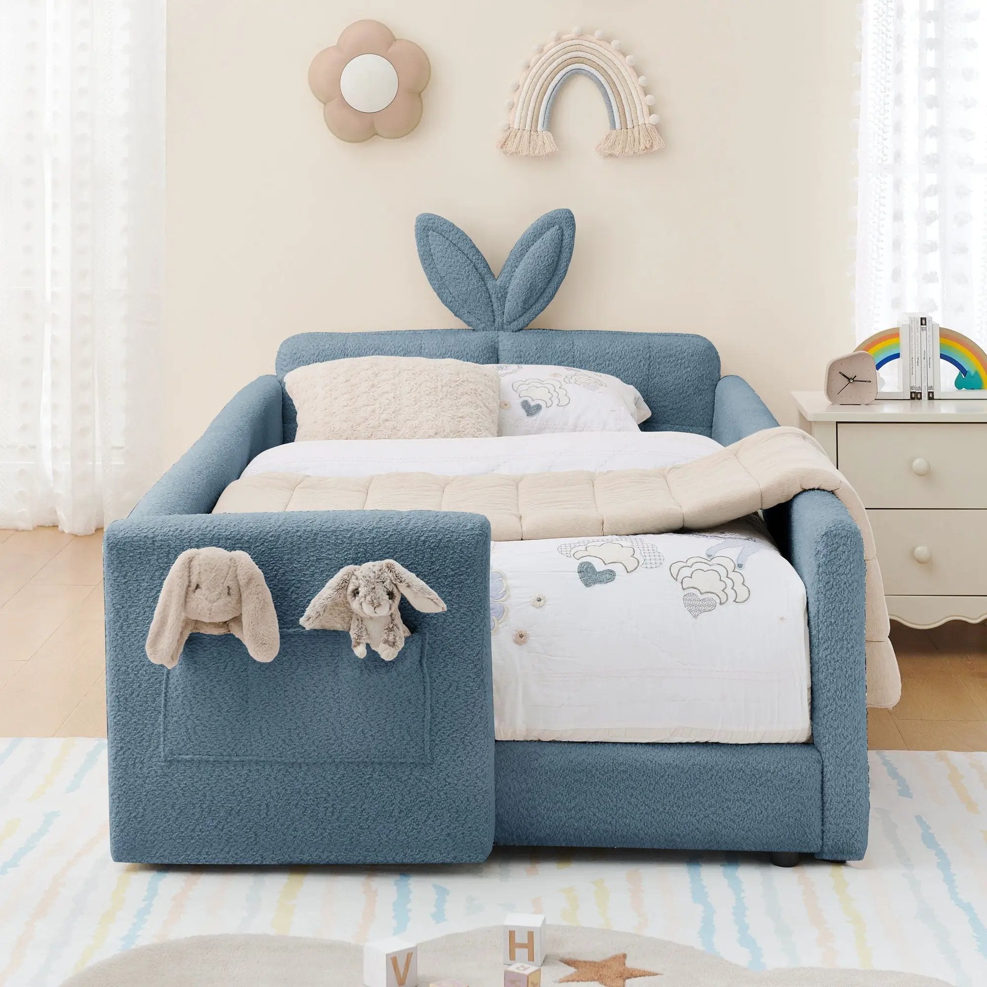 Cute Rabbit Ear Upholstered Platform Bed Frame With Safety Rail by Unique Piece Furniture