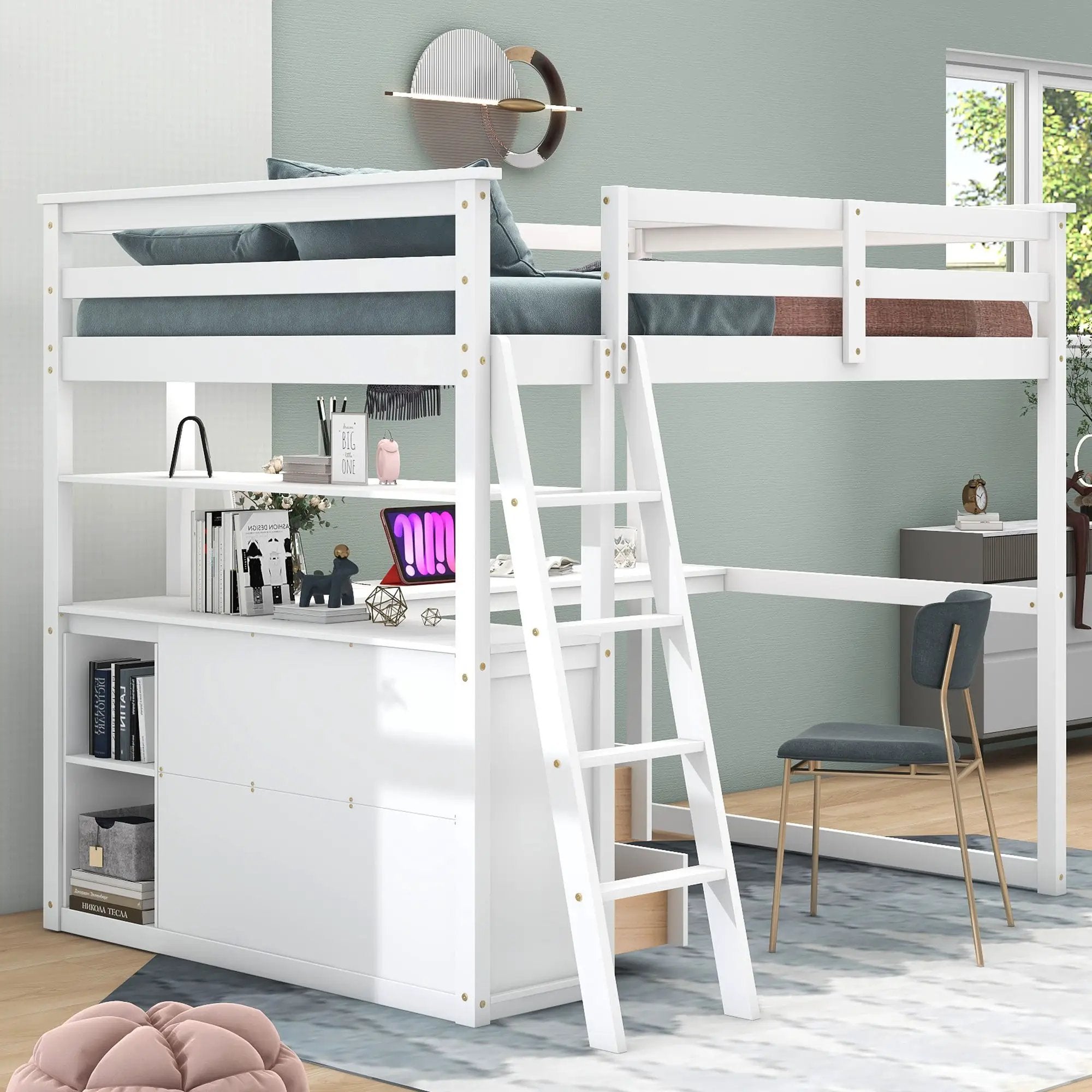 Modern Loft Bed With Built In Desk, Shelves, And 2 Drawers by Unique Piece Furniture