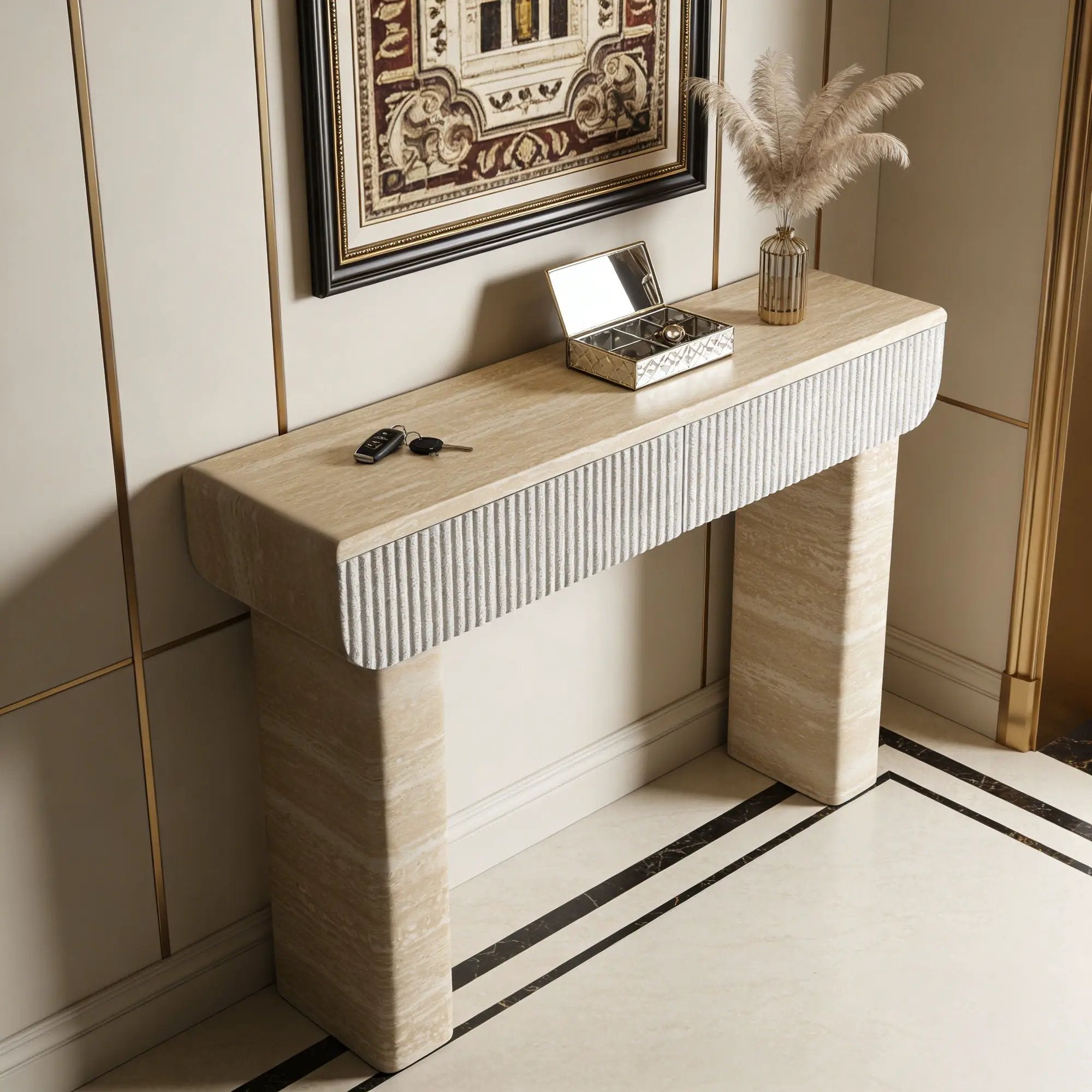 Entryway Table With 2 Hidden Handle Drawers For Entrance - Beige / Yellow by HouseOfZazla
