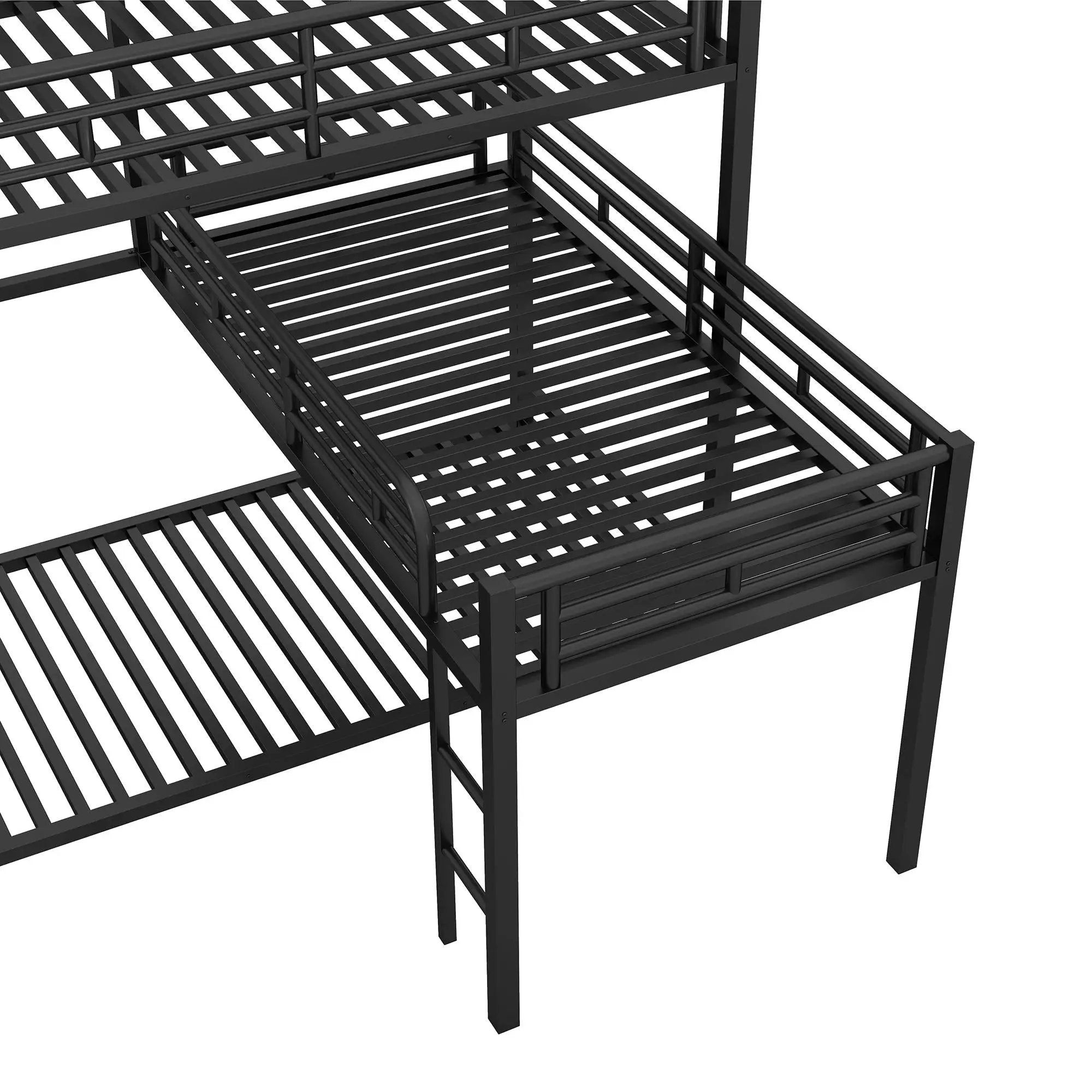 L-Shaped Triple Twin Size Bunk Bed, Industrial Design With Integrated Ladder And Full Length Guardrails - Black by Unique Piece Furniture