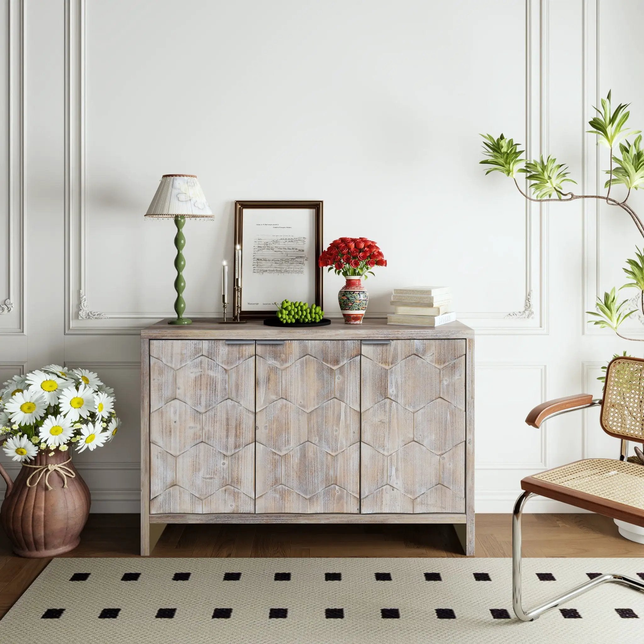Accent Cabinet Farmhouse Style 3 Door Wooden Cabinet Sideboard Buffet Server Cabinet Storage Cabinet, For Living Room - Natural Wood Wash by HouseOfZazla