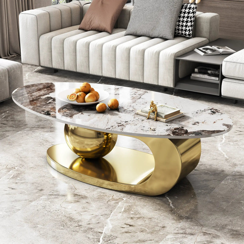 49.2 Inches Oval Faux Marble Coffee Table for Living Room with Stainless Steel Base by HouseOfZazla