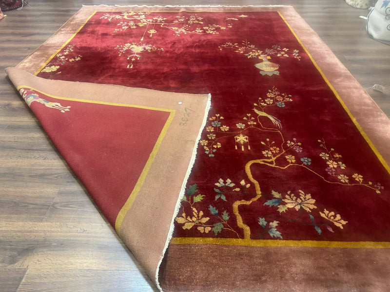 Red Chinese Art Deco Rug 9x11, Simple Design, Wool Chinese Area Rug, Antique by Jewel Rugs